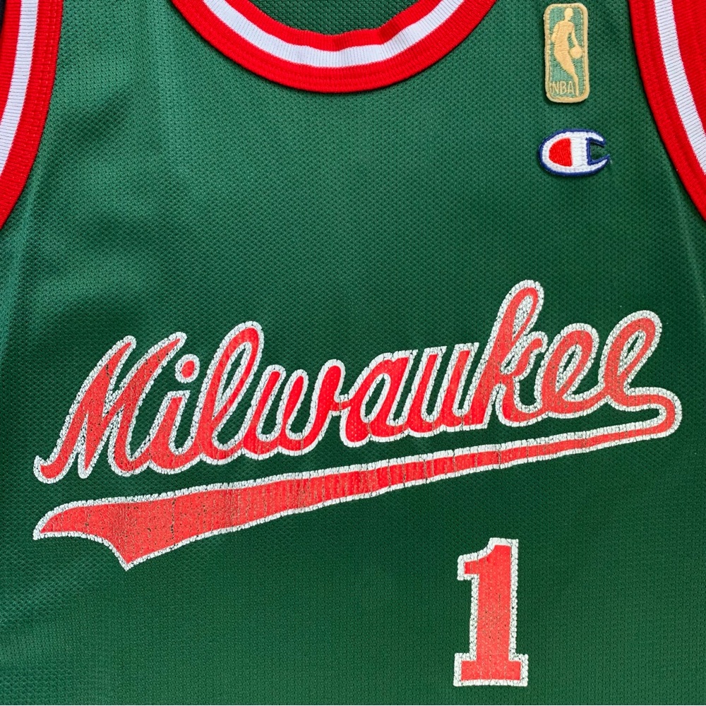 Vintage Champion NBA Oscar Robertson Milwaukee Bucks #1 Green Jersey Gold Logo - Picture 4 of 6